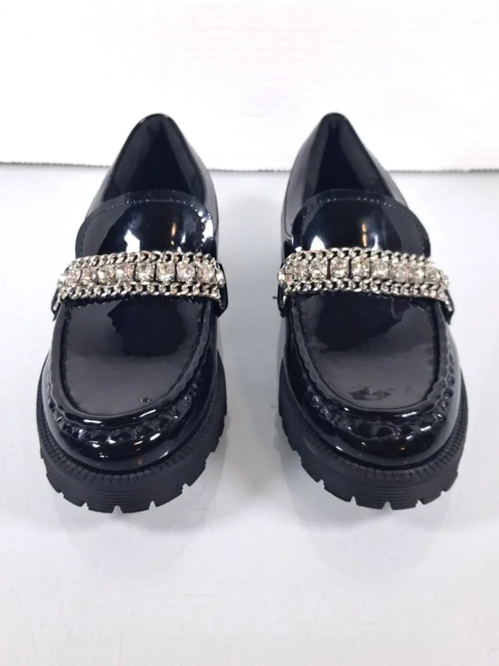Steve Madden Girls Size 1 Black Taylar Loafers Slip On Shoes Rhinestone Accent